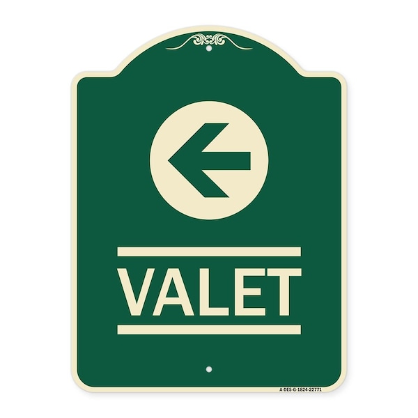 Signmission Designer Series Valet Left Arrow, Green & Tan Heavy-Gauge Aluminum Sign, 24" x 18", G-1824-22771 A-DES-G-1824-22771 - main